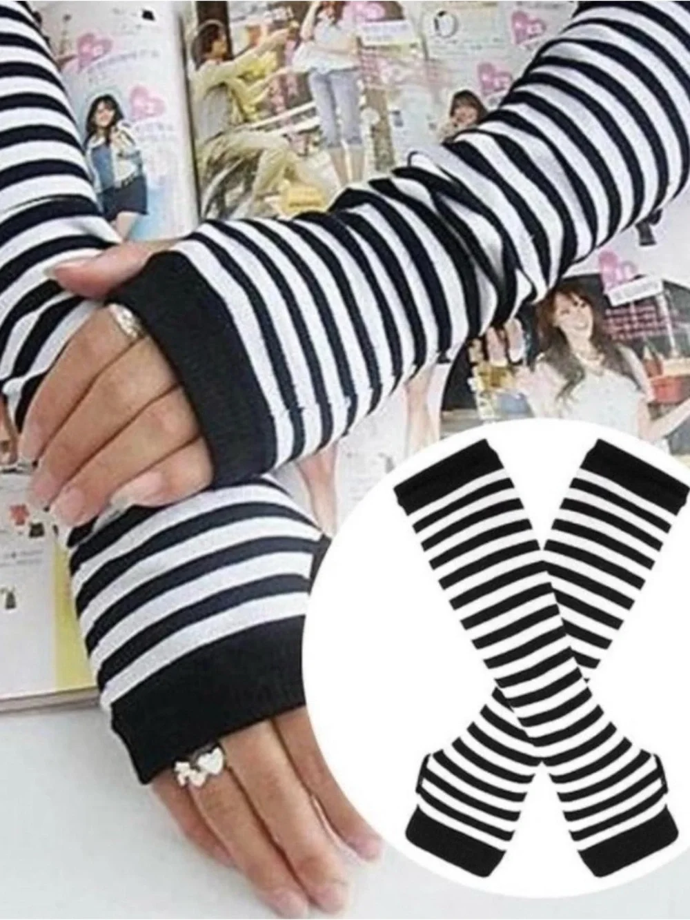 💞 New Women’s One Size Black & White Striped Long Arm Warmer Fingerless Gloves